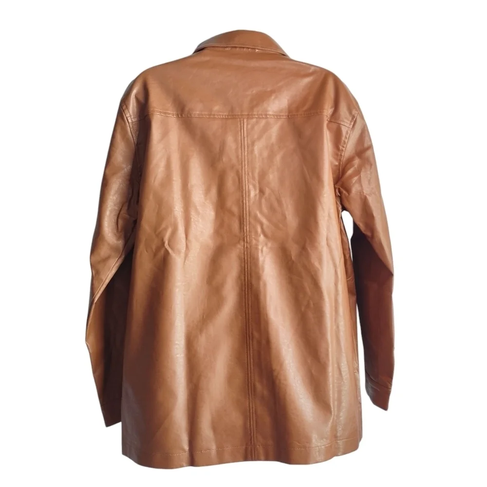 Haptics by Holly Harper Brown Faux Leather Oversized Snap Button Jacket Sz M New